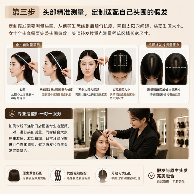 第三步,头部精准测量,定制适配自己头围的假发