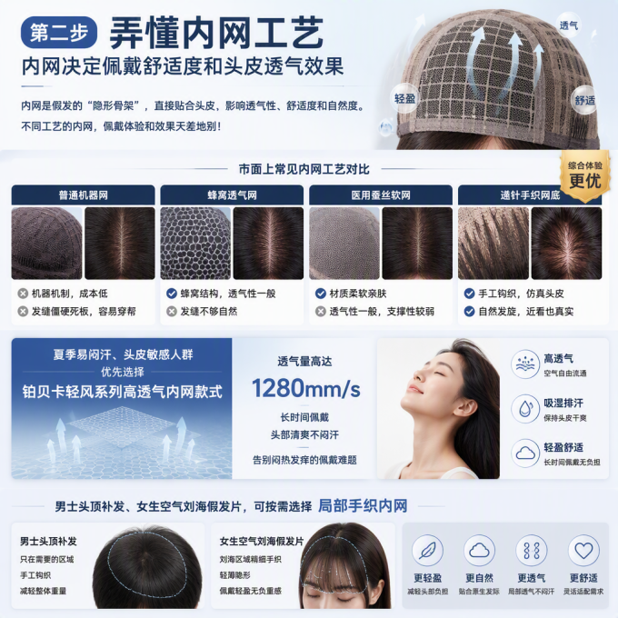 第二步,弄懂内网工艺,内网决定佩戴舒适度和头皮透气效果